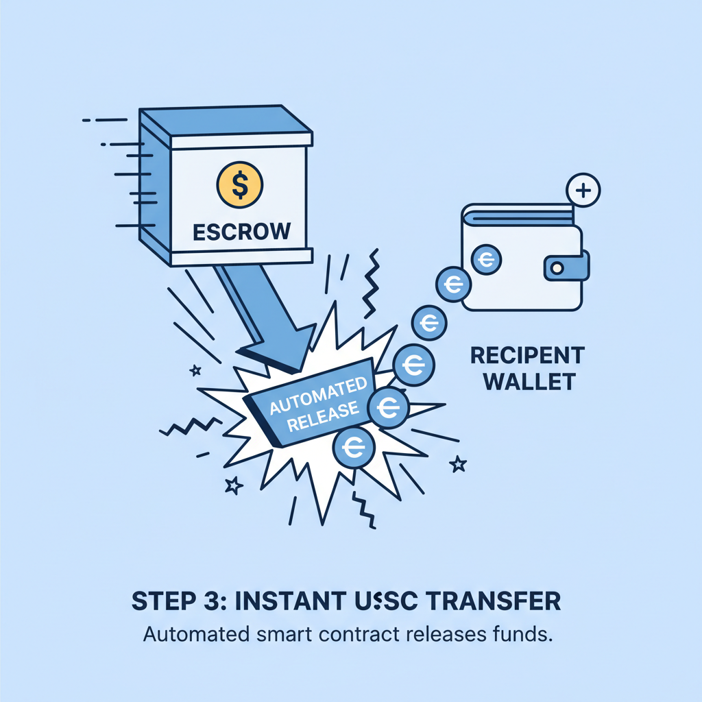 automated USDC release from escrow, funds flowing to recipient wallet, explosive speed lines