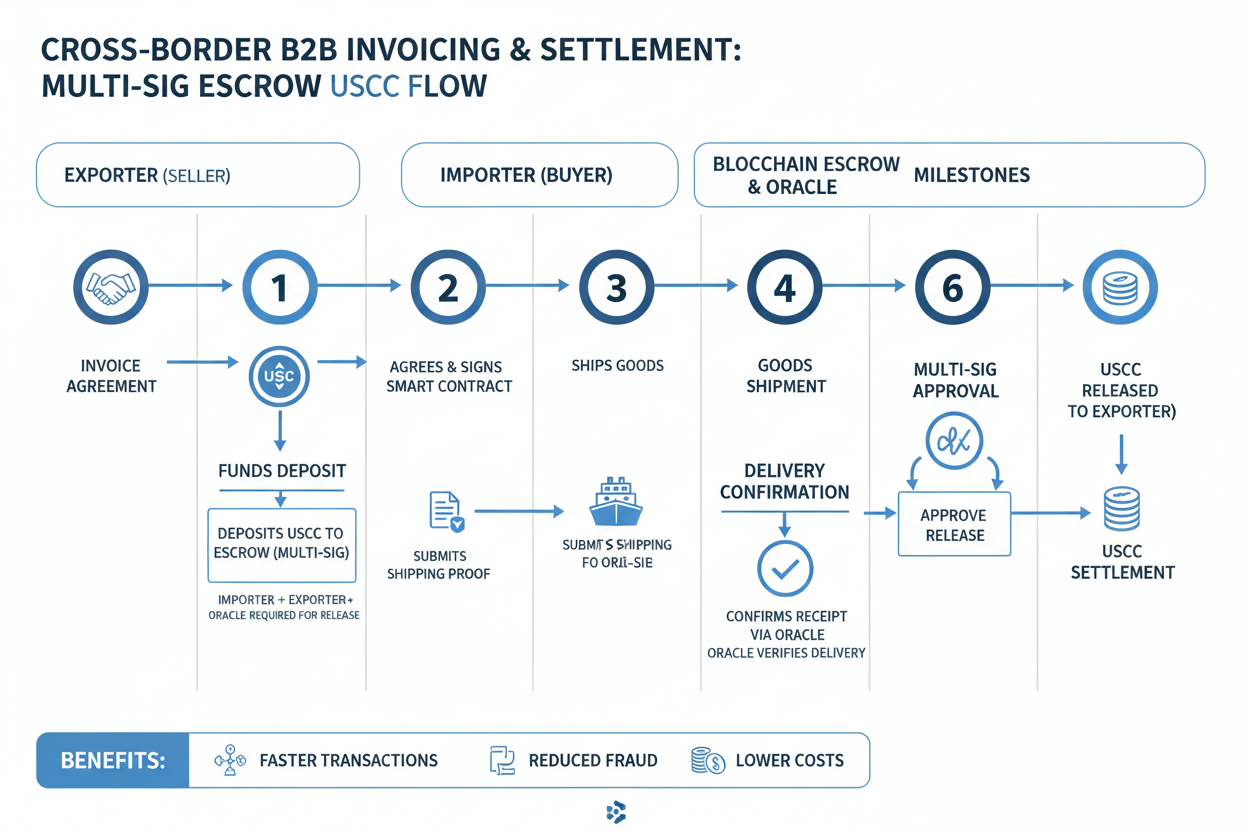 Infographic of multi-sig escrow flow for cross-border B2B invoicing using USDC stablecoin transfers on blockchain, showing milestones from invoice issuance to final settlement