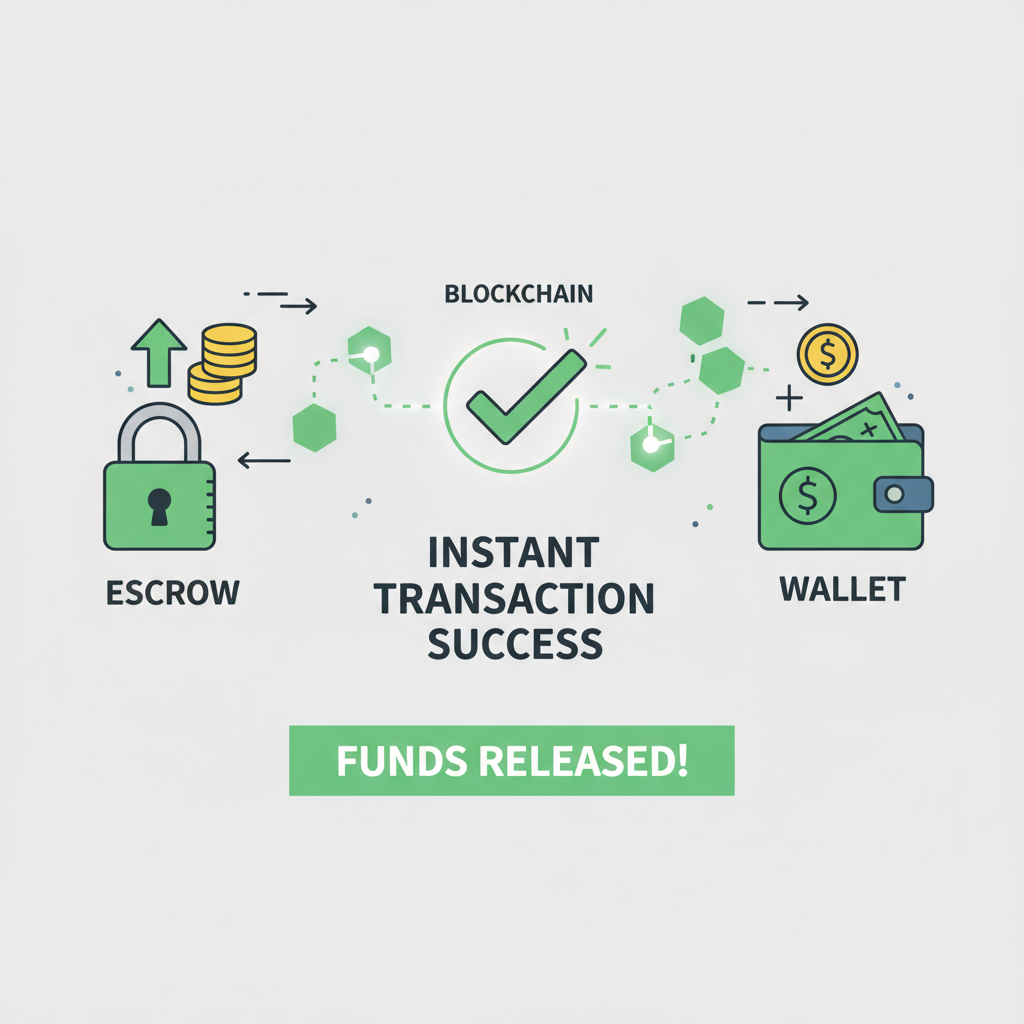 funds releasing from escrow to wallet, instant blockchain transaction success animation