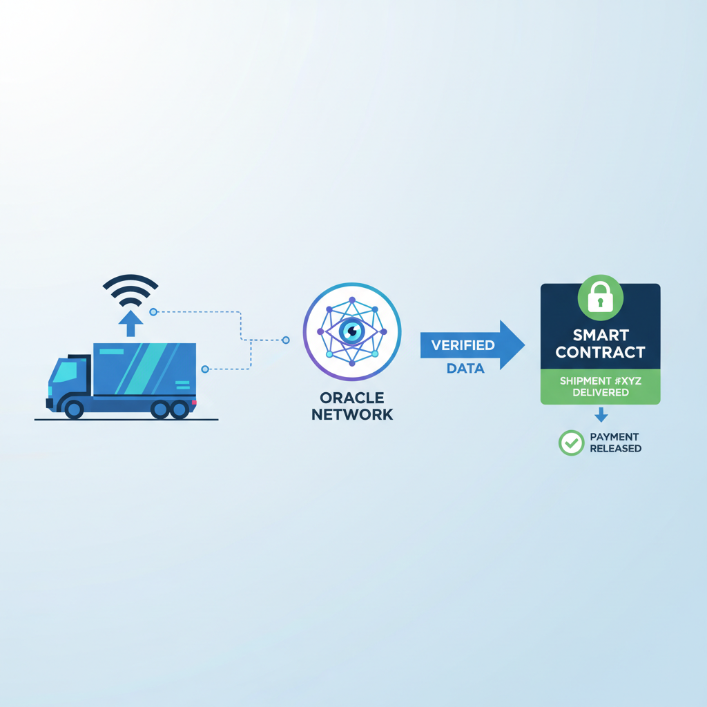 blockchain oracle verifying shipment delivery, data flow from truck to smart contract, futuristic tech