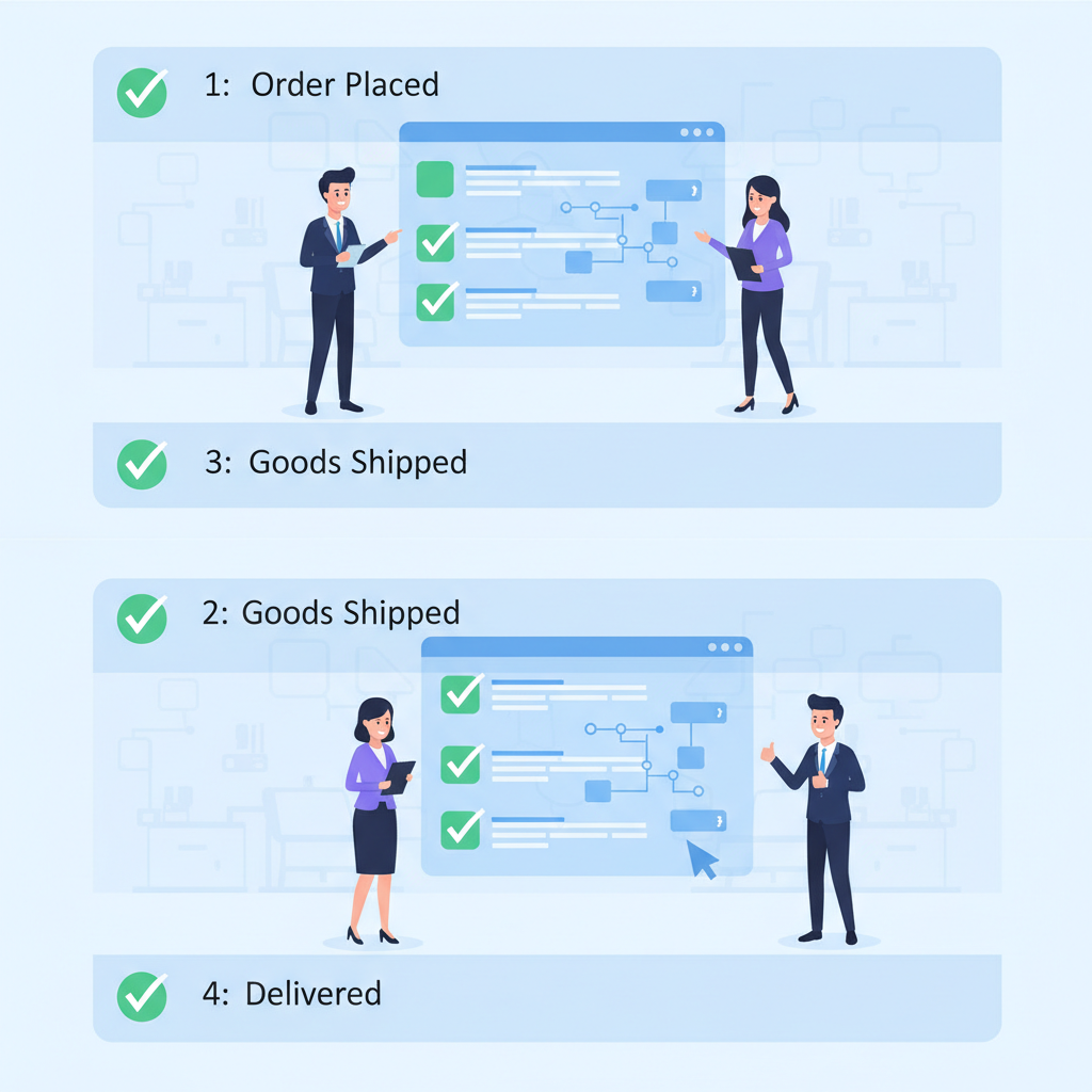business team verifying delivery on transparent blockchain dashboard with checkmarks