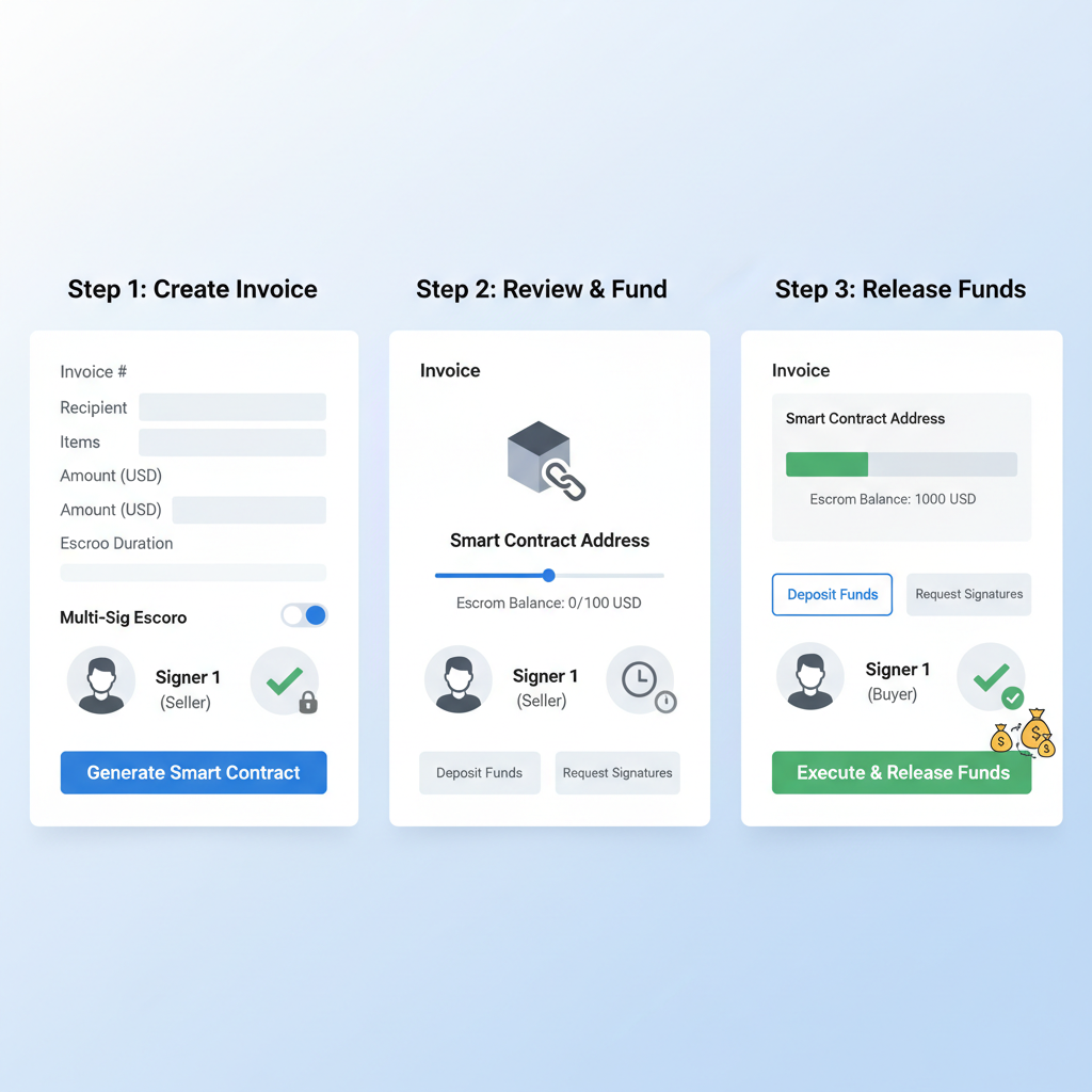 creating digital invoice with multi-sig escrow on blockchain platform, modern web interface