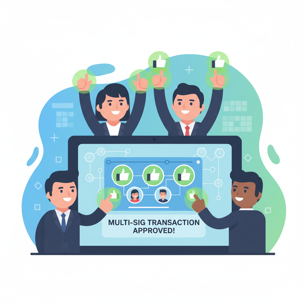 team approving multi-sig transaction on secure app, thumbs up icons, blockchain network