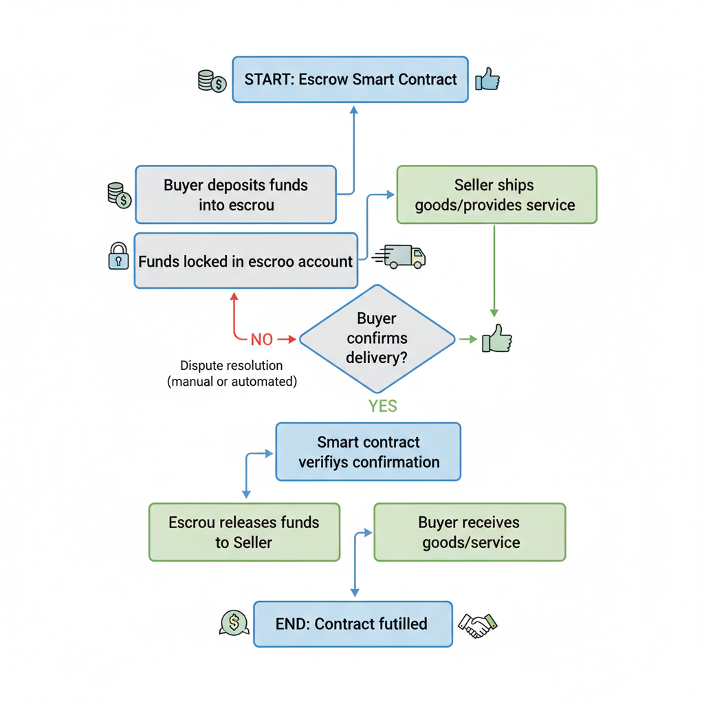 smart contract flowchart showing escrow conditions like delivery confirmation triggering fund release