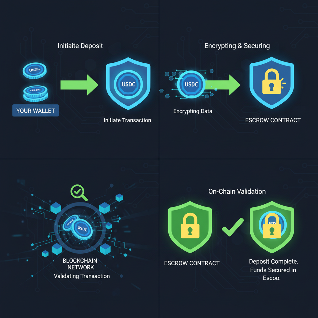 USDC tokens depositing into secure escrow wallet, blockchain animation, glowing coins