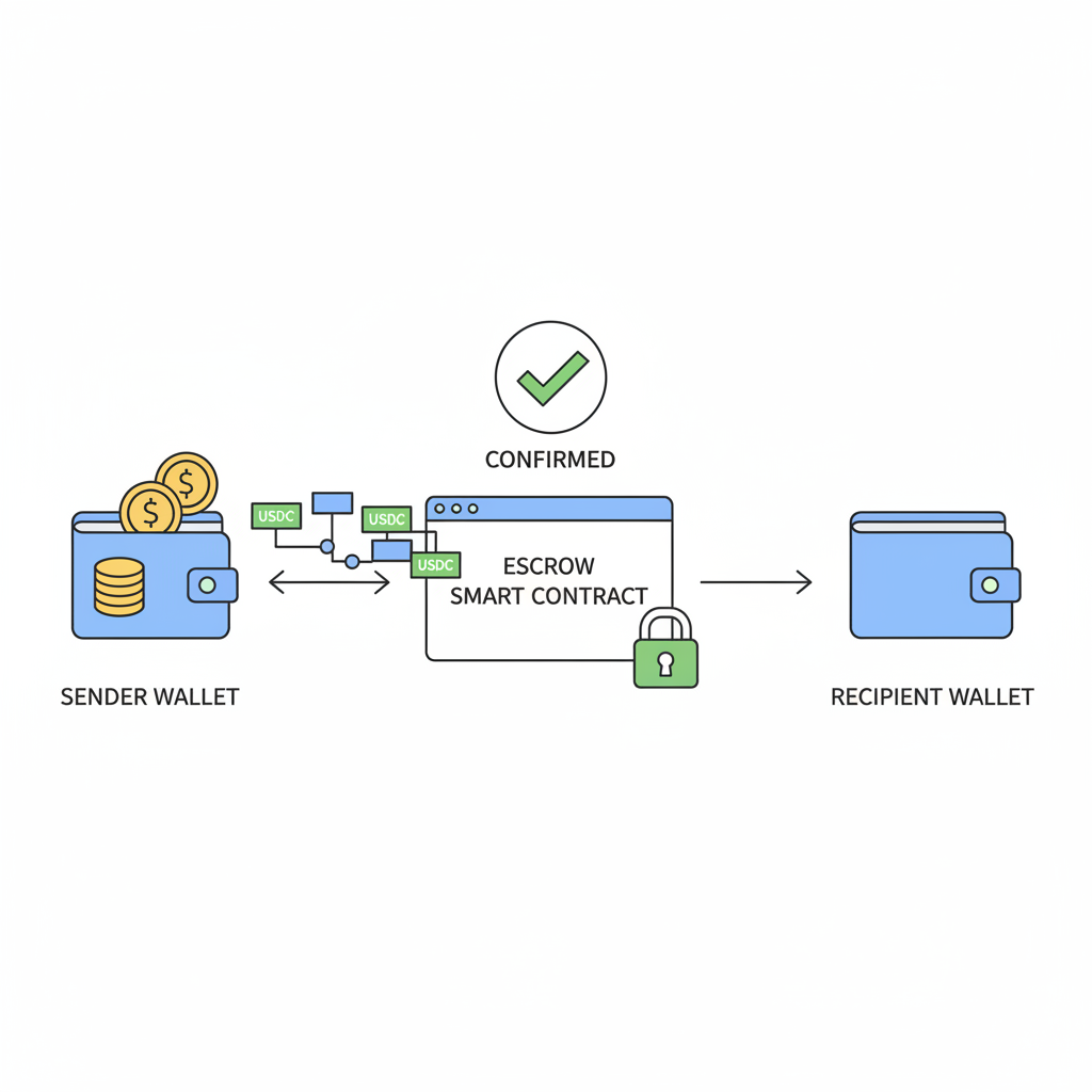 stablecoin transfer to escrow wallet on blockchain, green checkmark confirmation