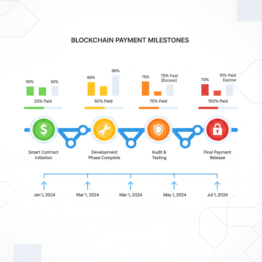 timeline chart defining payment milestones on blockchain, progress bars and checkpoints, vibrant graph