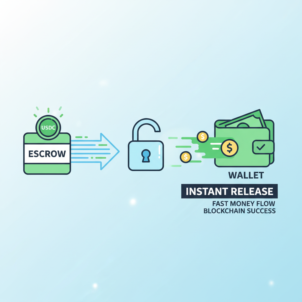 instant USDC release from escrow to wallet, fast money flow, blockchain success animation