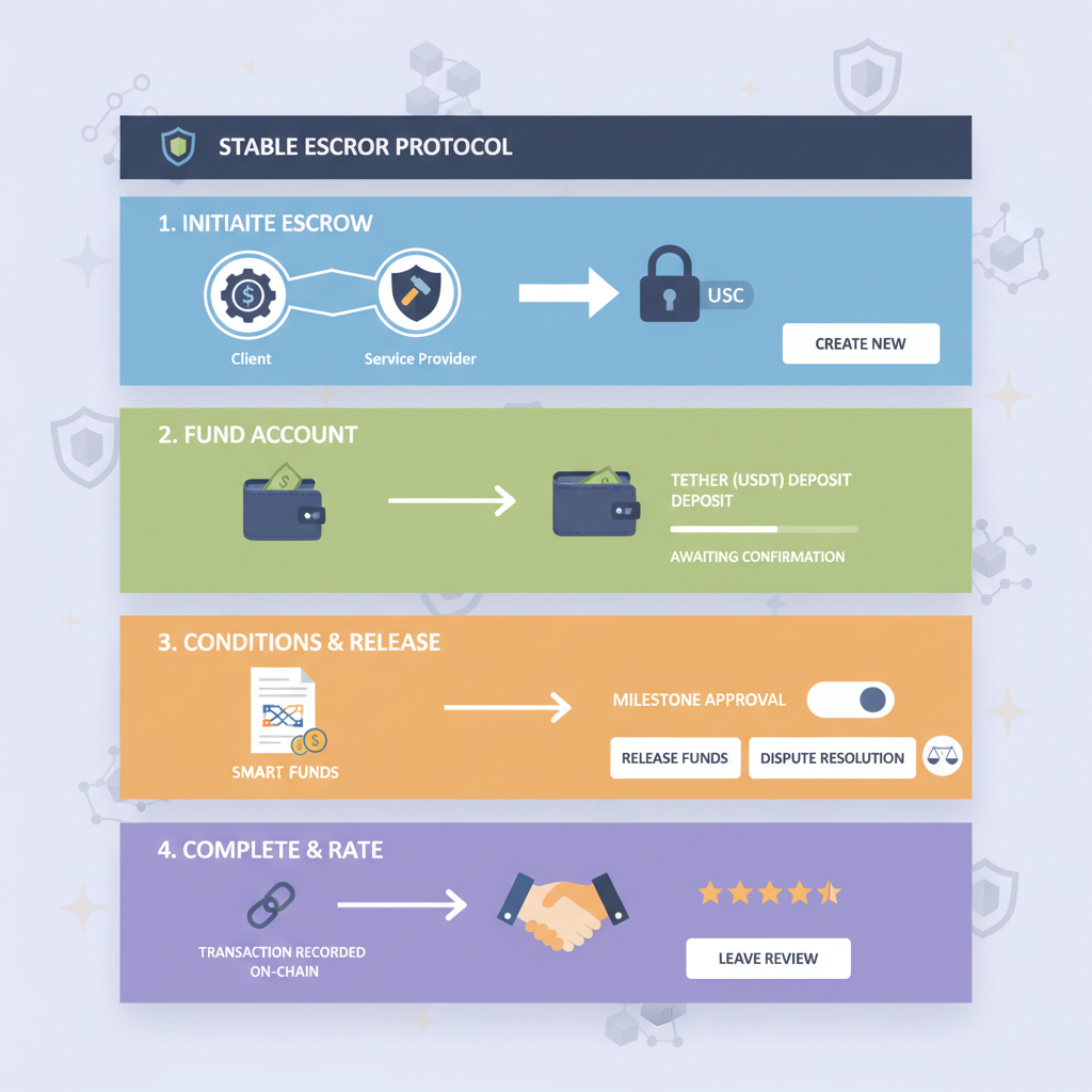professional interface of a stablecoin escrow platform dashboard, clean UI, blockchain icons