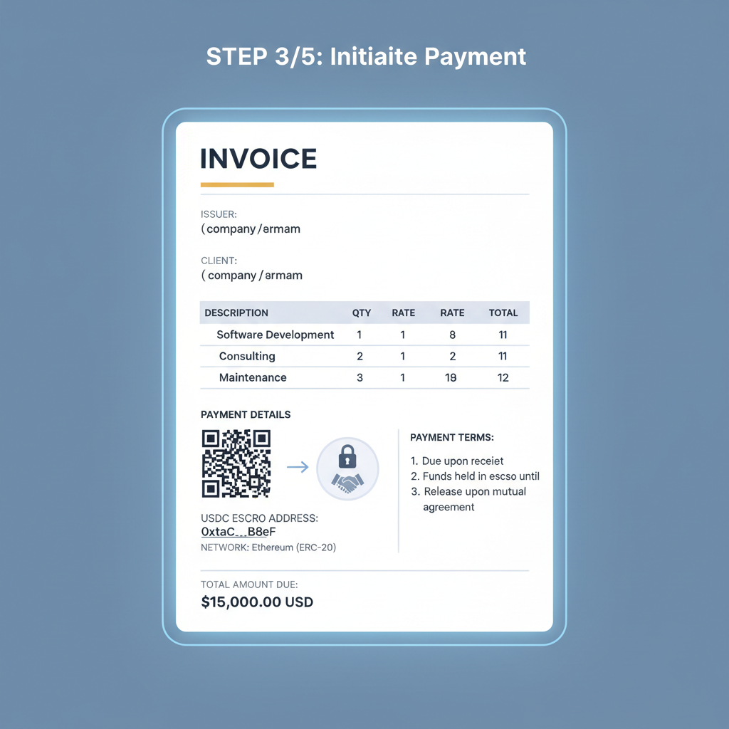 sleek digital invoice template showing USDC escrow address and payment terms, professional B2B style