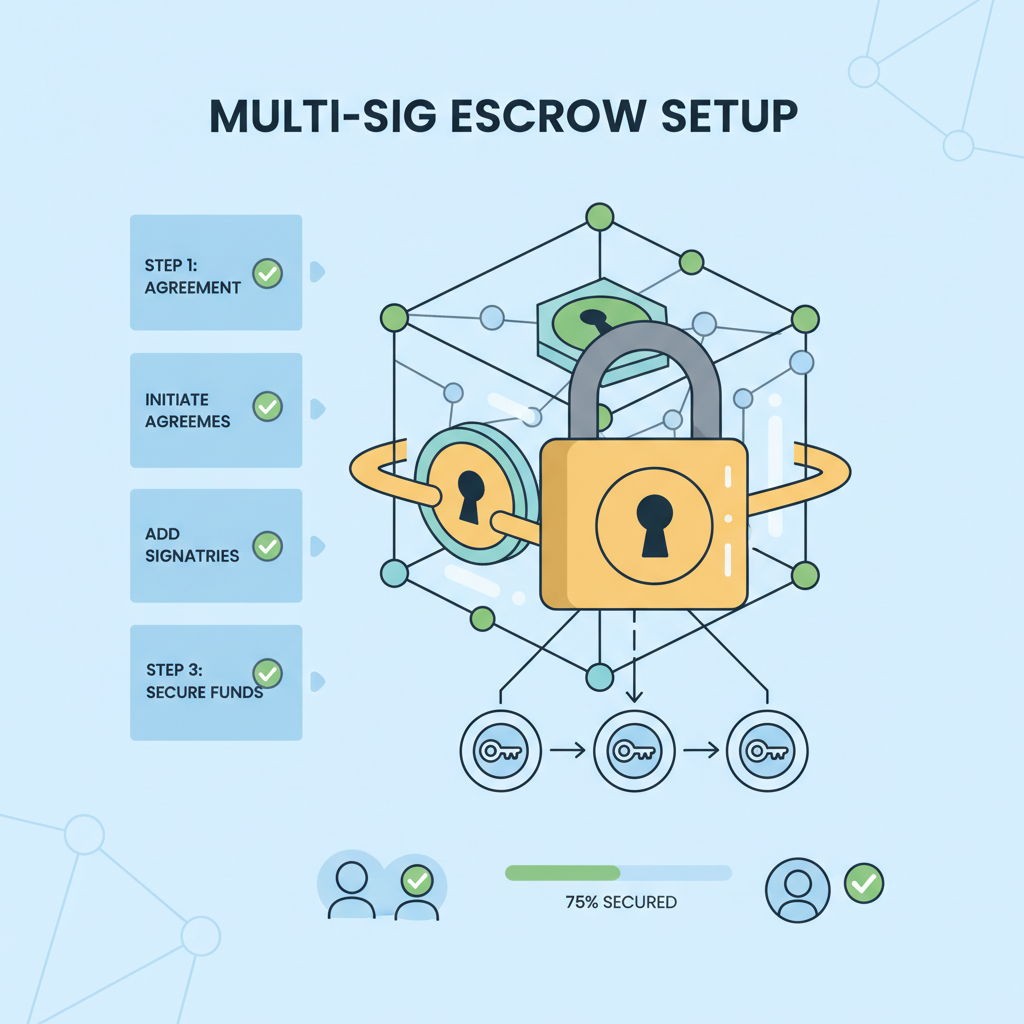 Multi-sig escrow setup interface, padlock and blockchain nodes, secure digital vault
