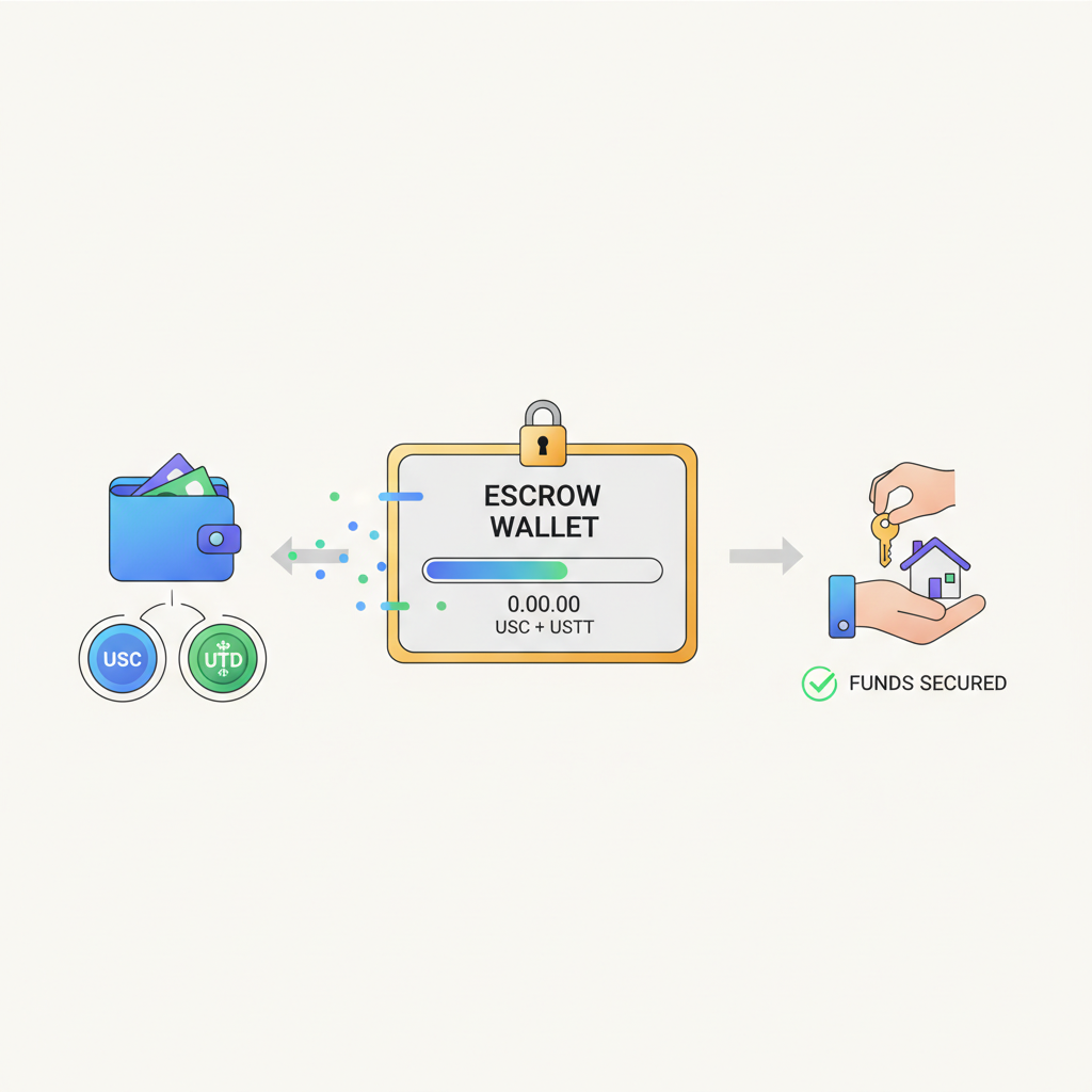 wallet funding escrow with USDC USDT icons, stablecoin transfer animation