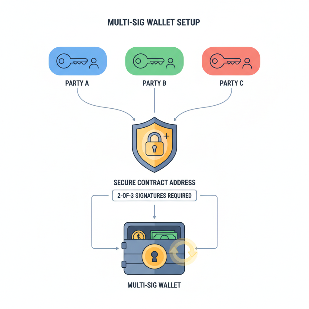 multi-sig wallet setup diagram with keys from multiple parties, secure lock icon