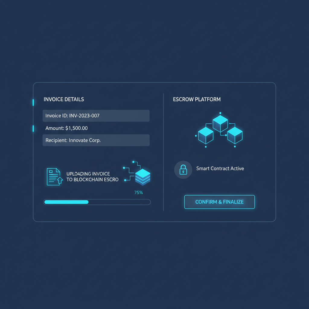 sleek digital dashboard uploading invoice to blockchain escrow platform, futuristic UI, blue neon accents