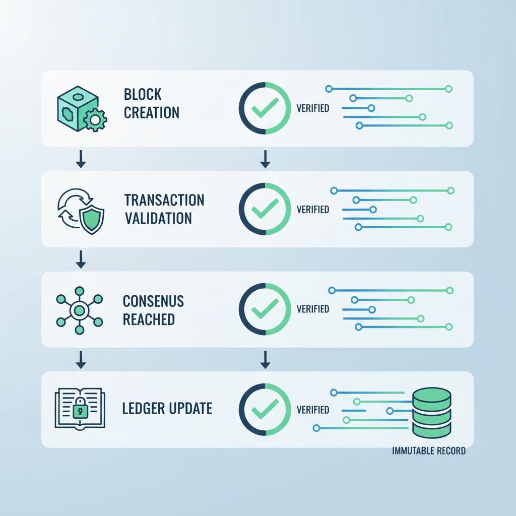 blockchain verification dashboard checking milestones, green checkmarks, data streams