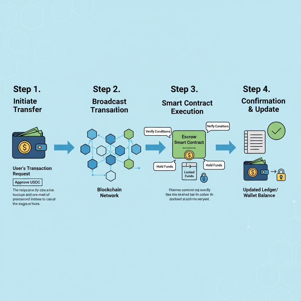 wallet transferring USDC to escrow smart contract, blockchain transaction flow