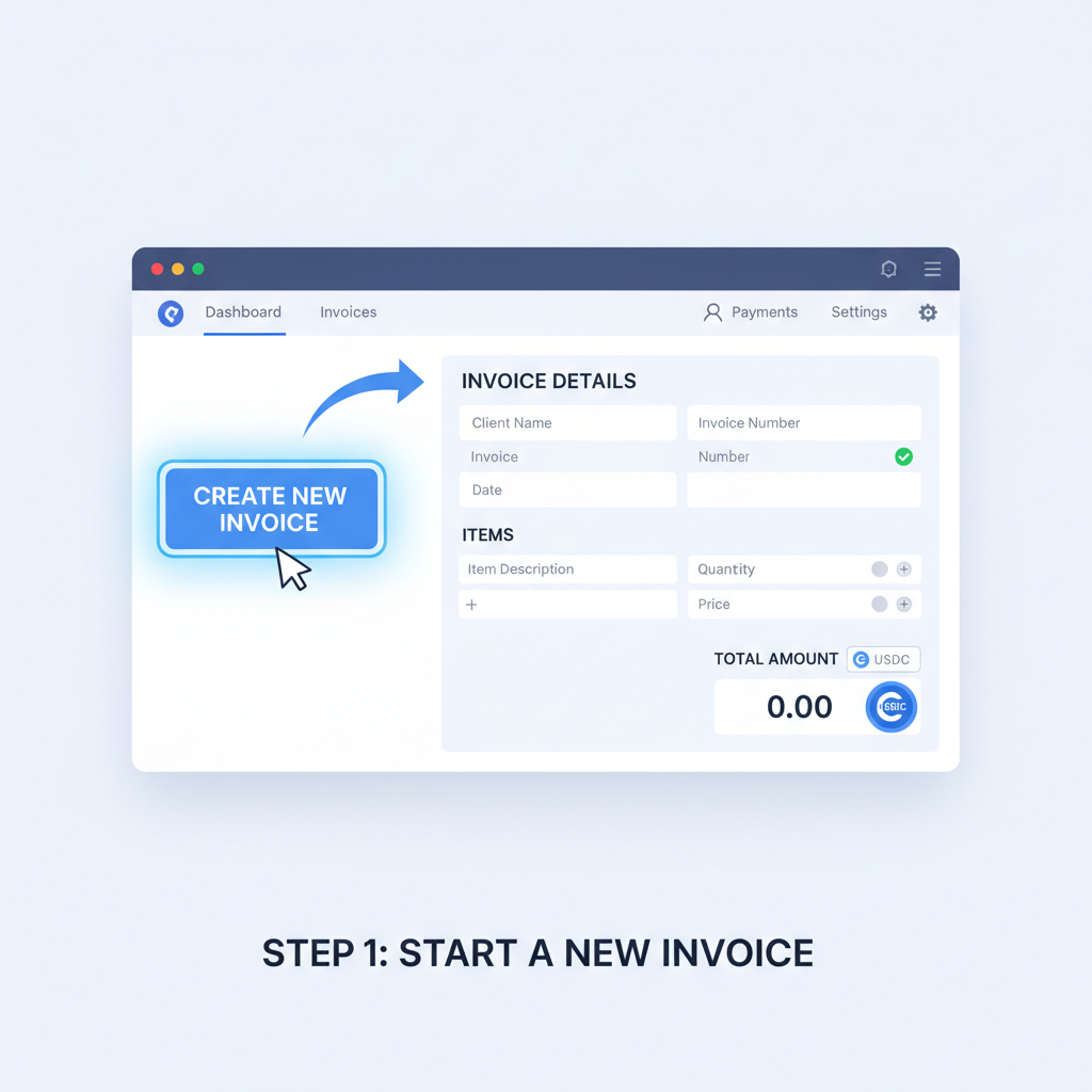 creating digital invoice on fintech platform, USDC icons, professional dashboard