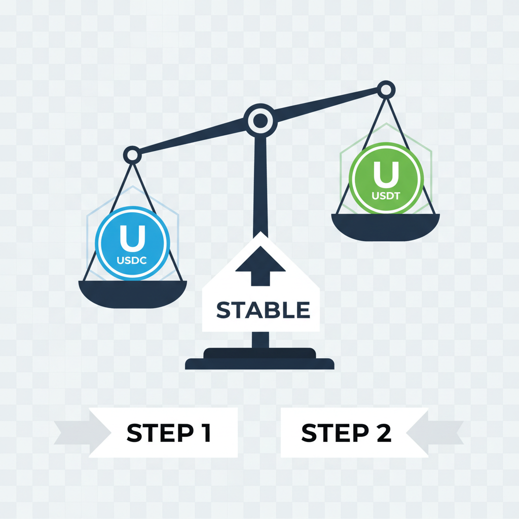 icons of USDC and USDT stablecoins on a balanced scale, professional finance style