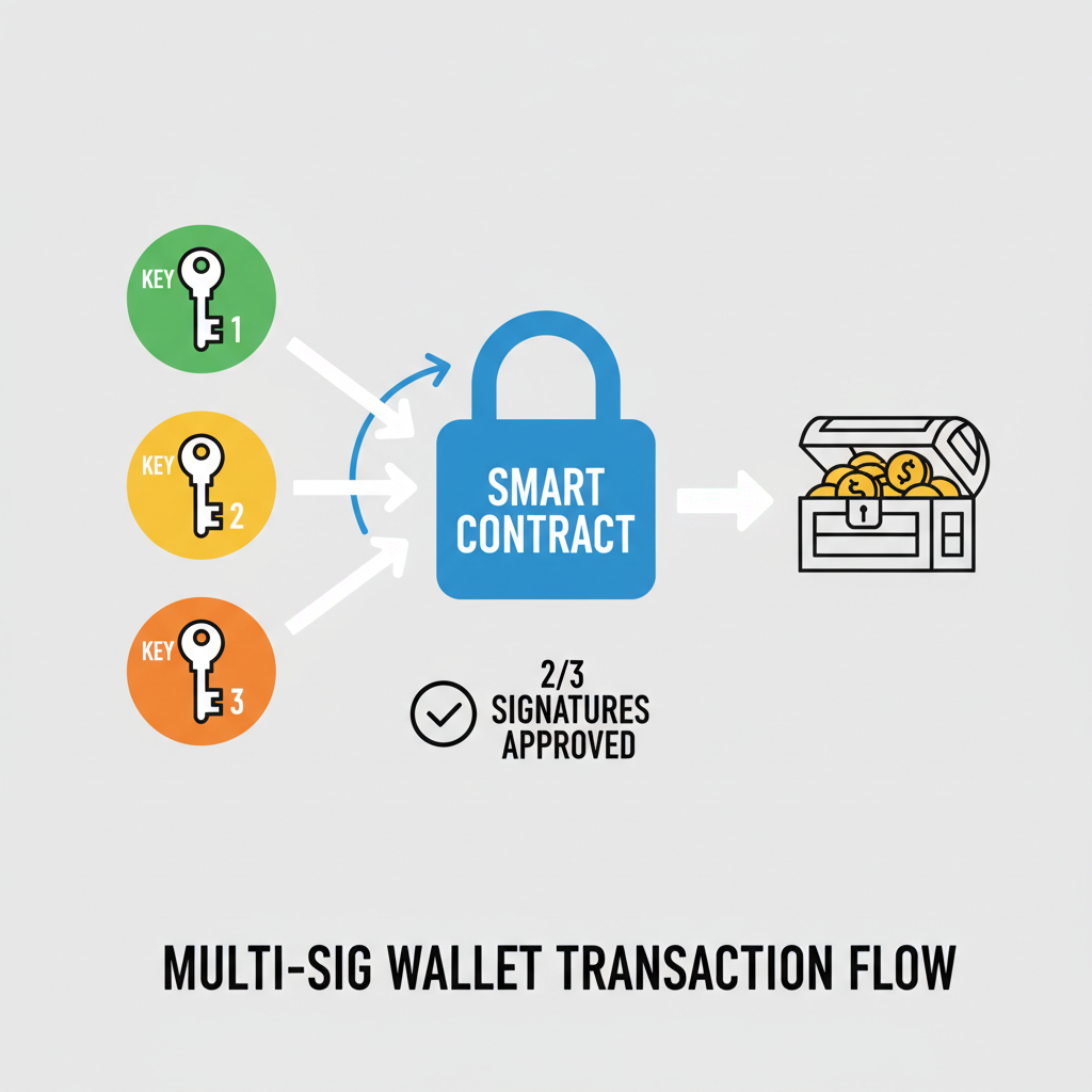 diagram of multi-sig wallet setup with three keys signing a smart contract