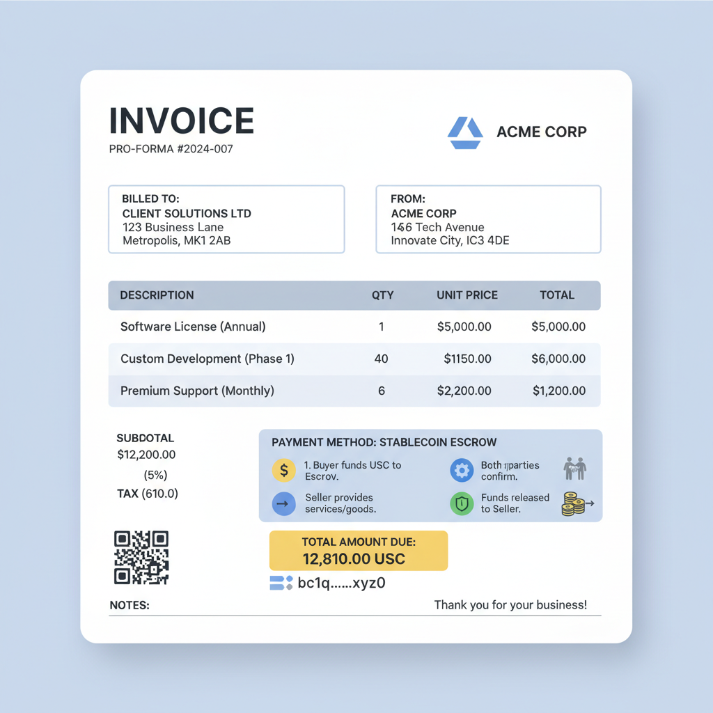 digital invoice template with stablecoin escrow integration, B2B professional design