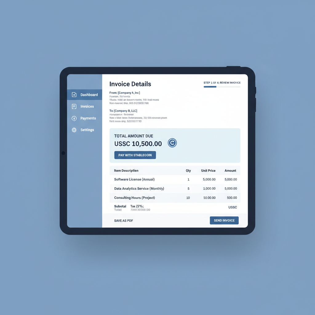 modern digital invoice interface showing stablecoin USDC amount, professional B2B design, clean UI