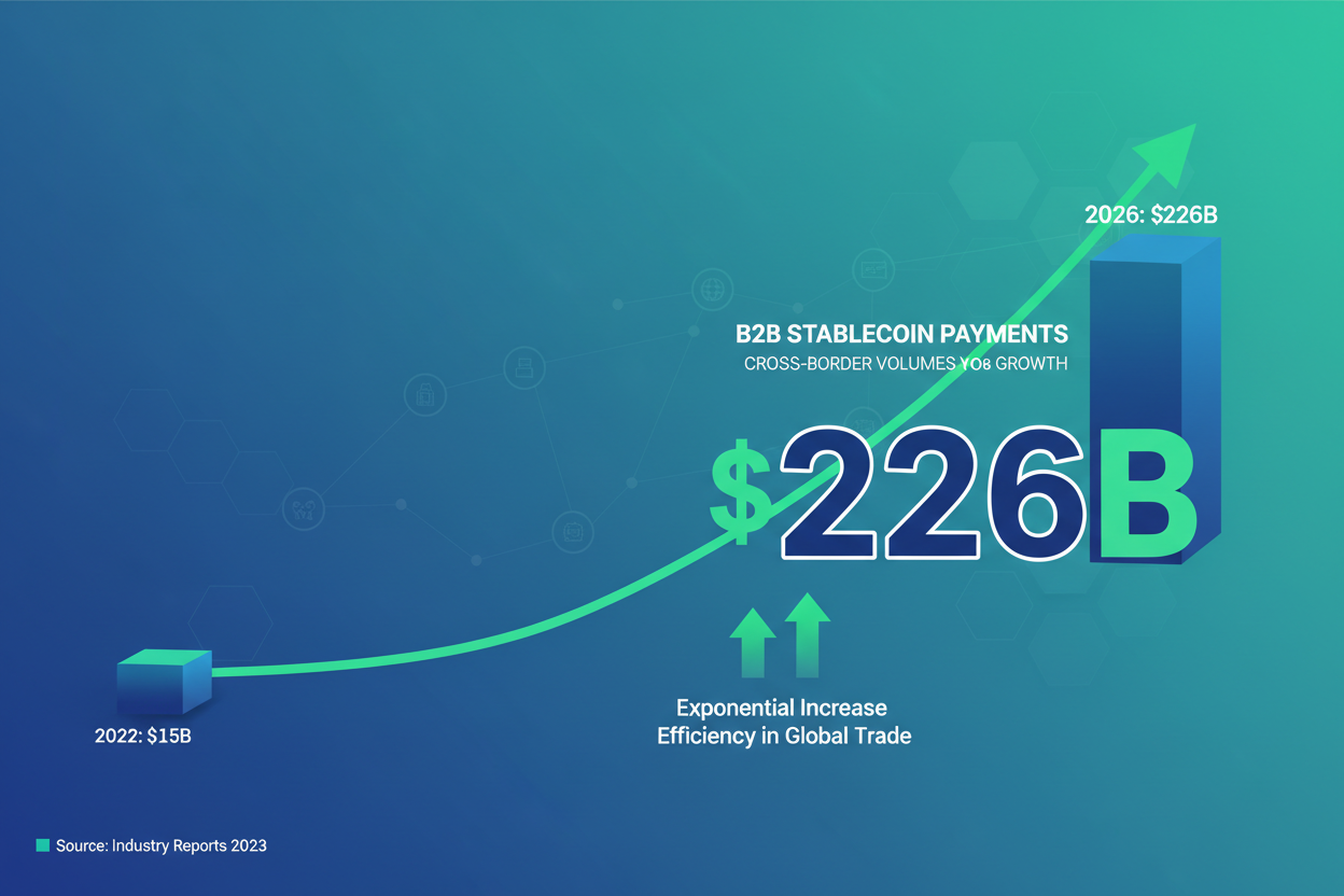 Infographic chart illustrating $226B B2B stablecoin invoicing growth, cross-border payment volumes, and year-over-year increases for supplier payments