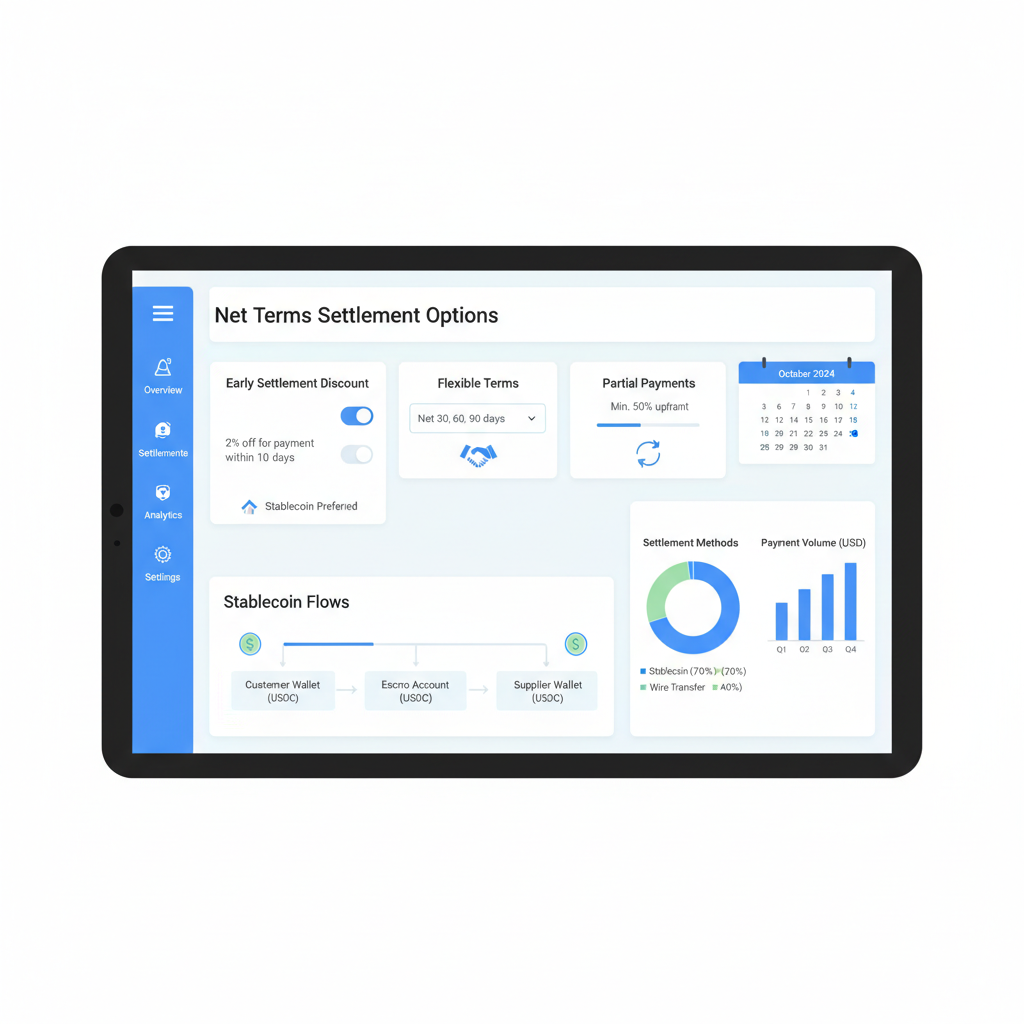 B2B dashboard showing net terms settlement options, stablecoin flows, calendar and charts