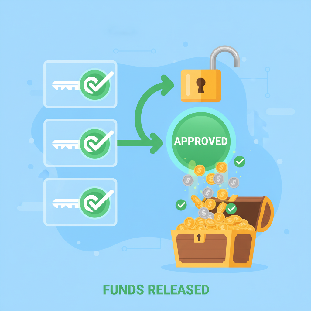 successful multi-sig approval releasing funds, green checkmarks and coins flowing