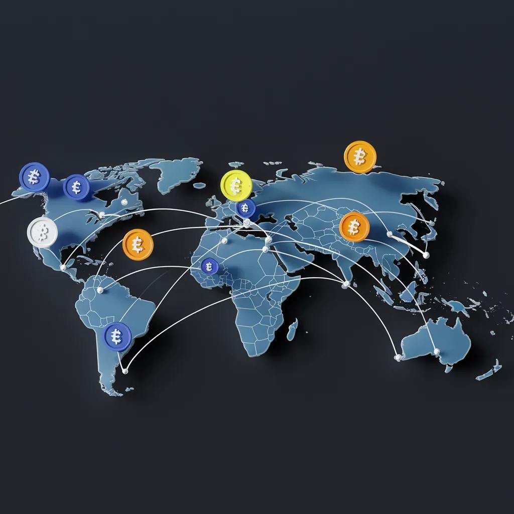 Global trade network visualization with stablecoin flows streamlining cross-border B2B invoicing, eliminating payment delays and FX fees