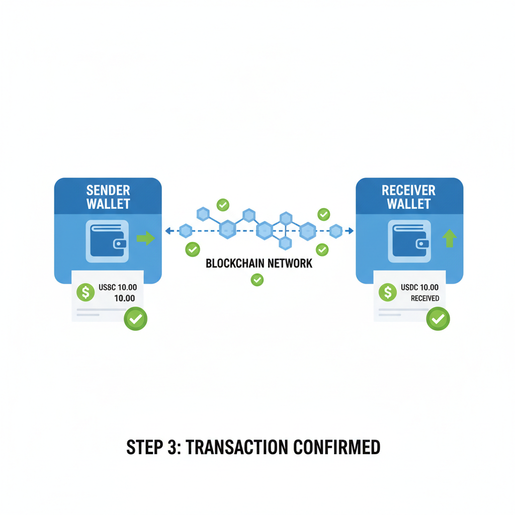 blockchain test transaction simulation with small stablecoin invoice and checkmarks