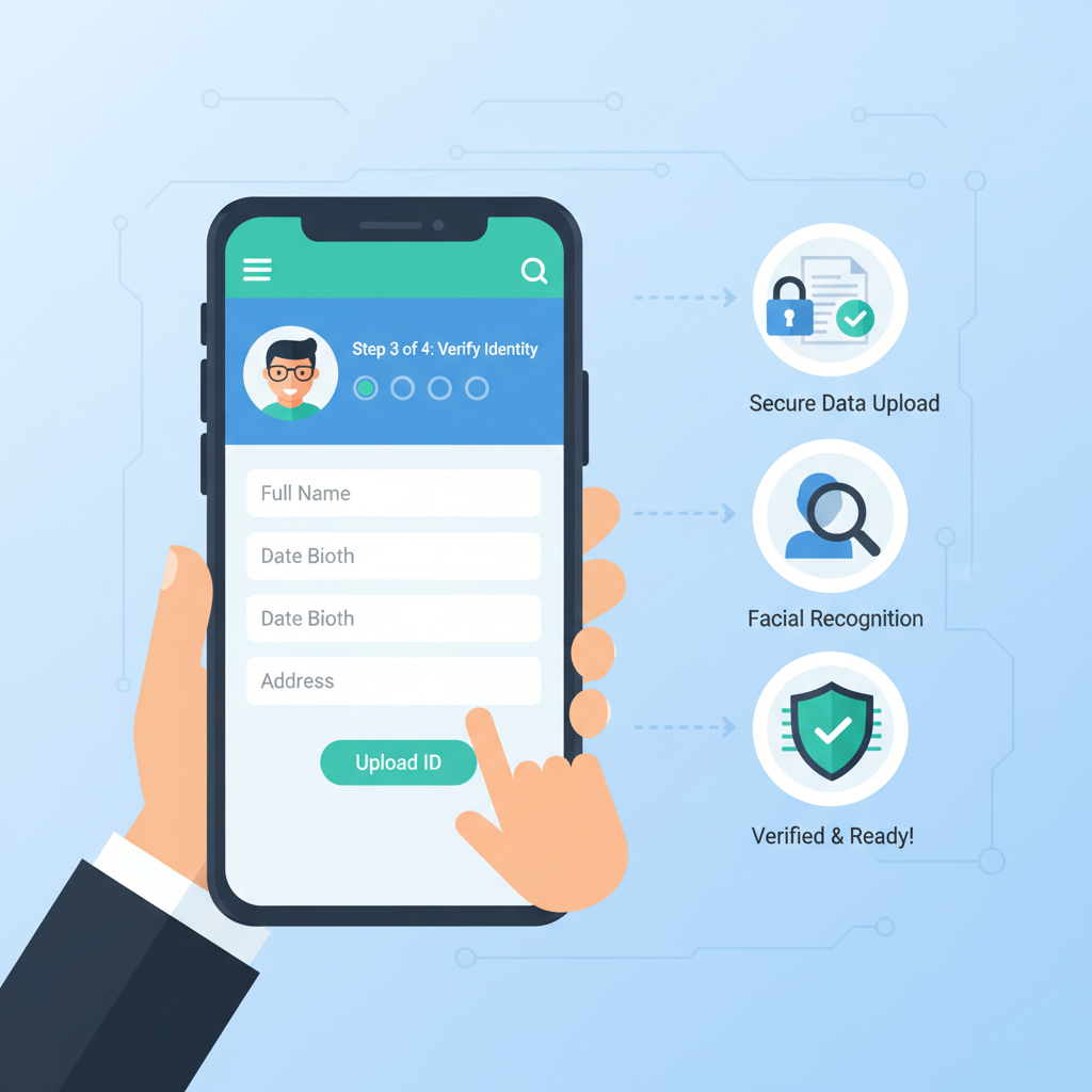 user completing KYC form on fintech app, secure verification process illustration