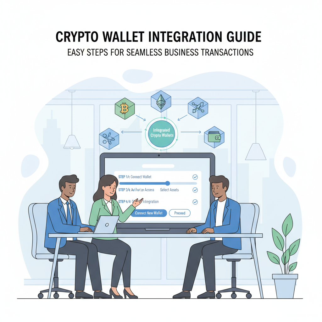 business team integrating crypto wallets on laptop, professional office, clean UI dashboard
