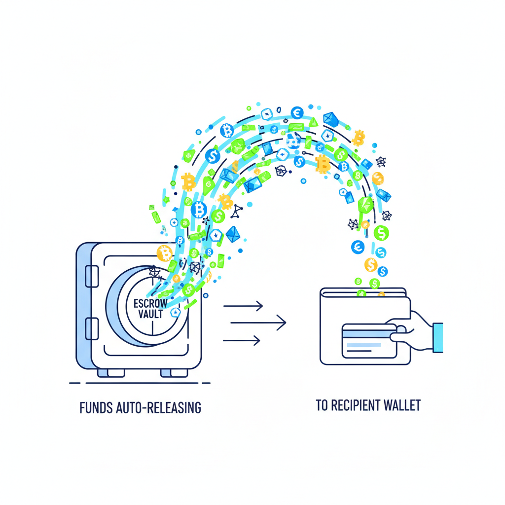 funds auto-releasing from escrow vault in explosive digital flow to recipient wallet