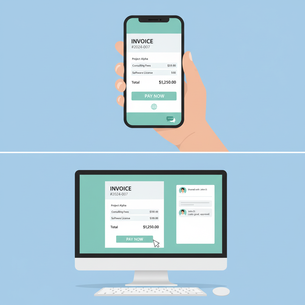 shared digital invoice on mobile and desktop, real-time monitoring dashboard