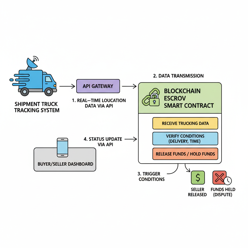 API integration diagram connecting shipment truck tracking to blockchain escrow smart contract