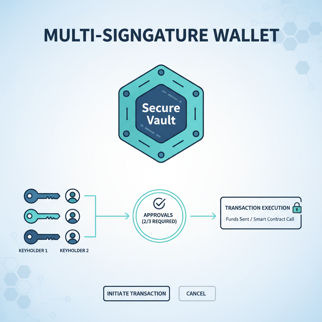 multi-signature wallet interface on blockchain, keys and approvals visualized, secure vault aesthetic